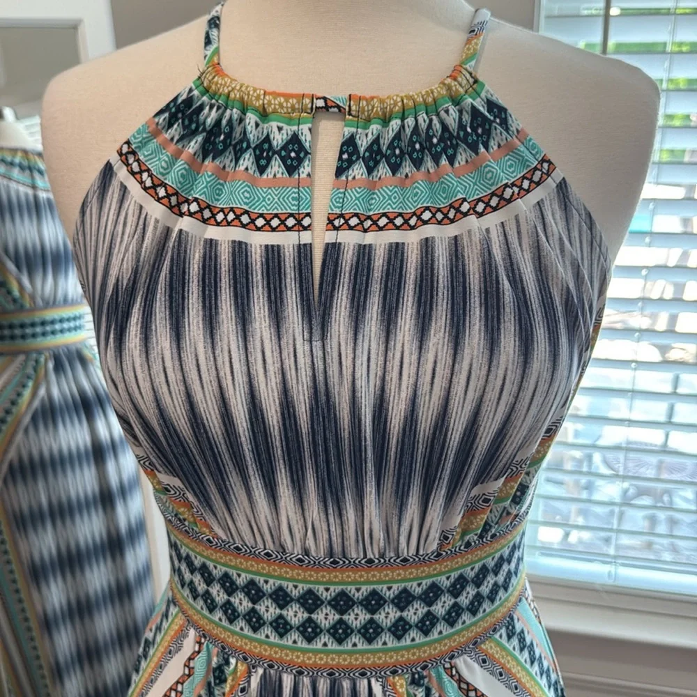 London Times Blue and White Halter Sheath Maxi Dress - Picture 2 of 8